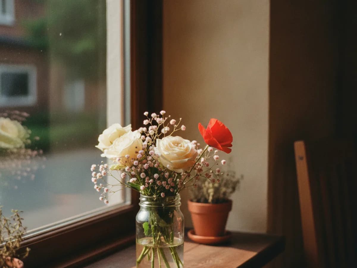 Blumenstrauss auf der Fensterbank im späten Tageslicht