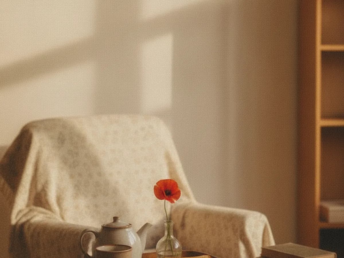 Sessel mit Decke, Teekanne und einer Mohnblume auf dem Beistelltisch