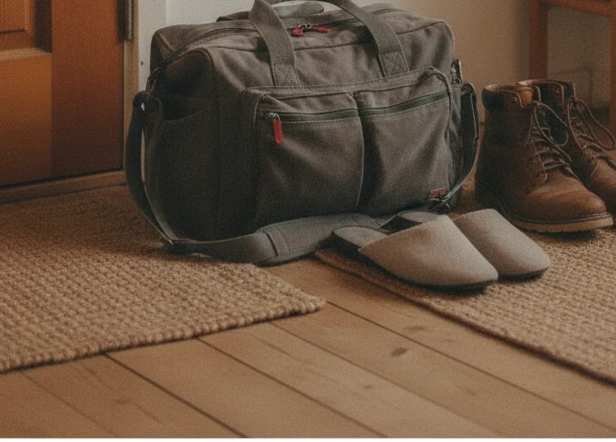 Pflegetasche und Schuhe an der Wohnungstür einer Altbauwohnung