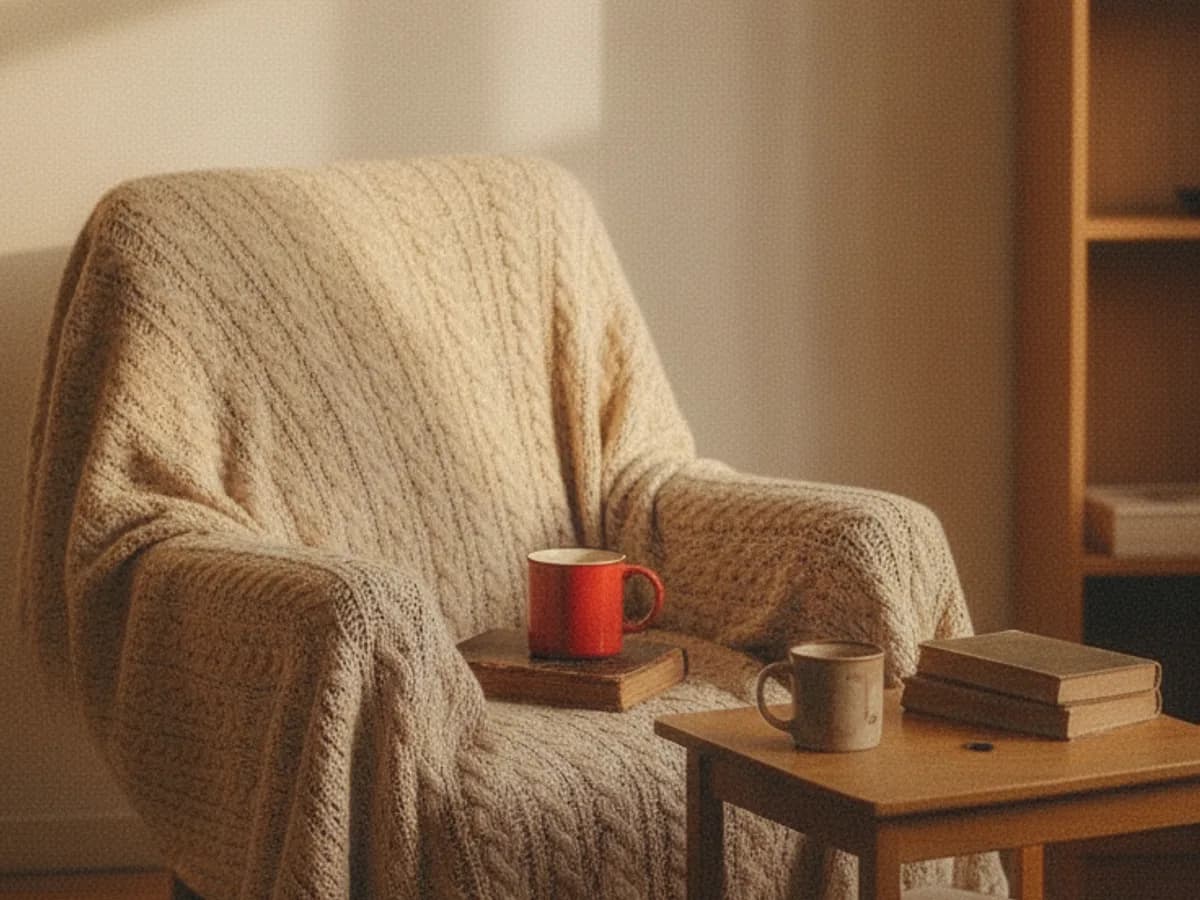 Sessel mit Strickdecke und Tasse im Morgenlicht — der eigene Platz in der vertrauten Wohnung